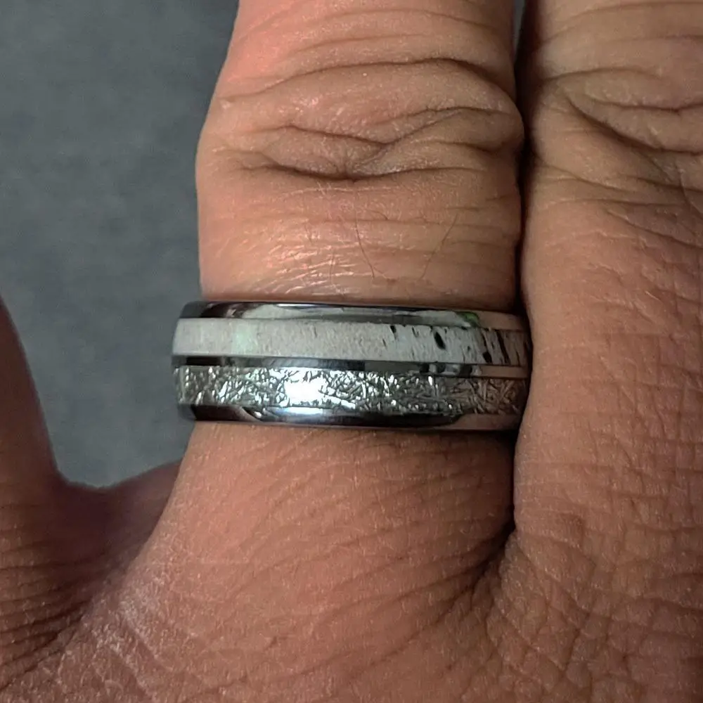 ThinkEngraved wedding Band Custom Engraved Men's Deer Antler and Meteor Tungsten Wedding Ring - Deer Antler Ring