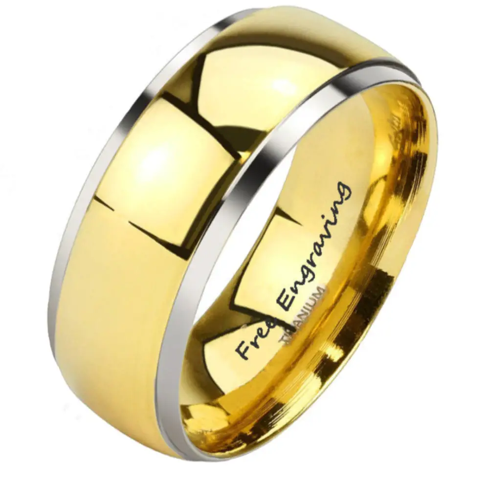 ThinkEngraved wedding Band Engraved Men's Titanium Wedding Band - Beveled 14k Gold Over Titanium