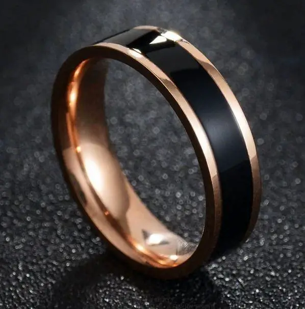 ThinkEngraved wedding Band Personalized Engraved Men's Black Ceramic Wedding Ring Rose Gold Band