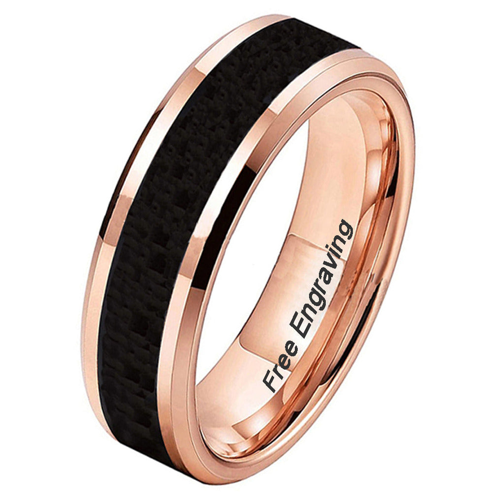 ThinkEngraved wedding Band Personalized Engraved Men's Black Ceramic Wedding Ring Rose Gold Band