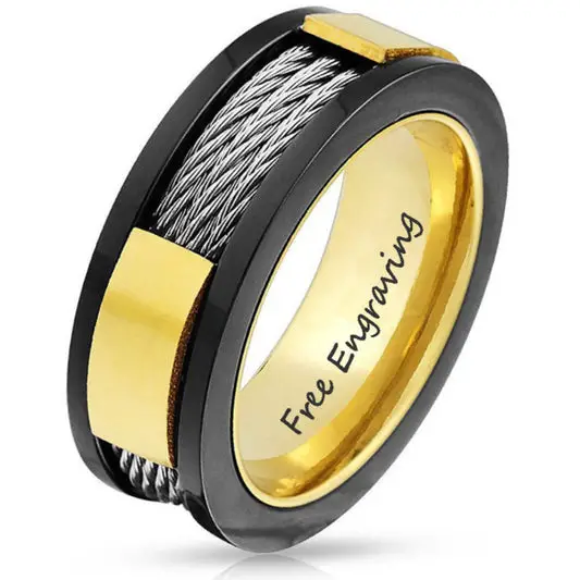 ThinkEngraved wedding Band Personalized Engraved Men's Cable Inlay Wedding Ring - Handwriting Ring