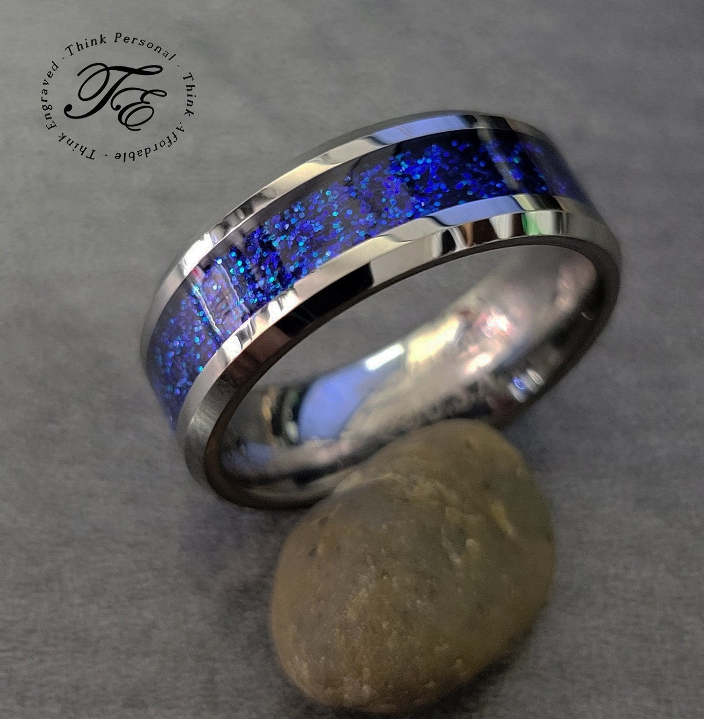 ThinkEngraved wedding Band Personalized Engraved Men's Ice Blue Opal Tungsten Wedding Ring