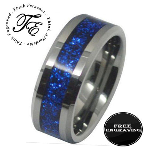 ThinkEngraved wedding Band Personalized Engraved Men's Ice Blue Opal Tungsten Wedding Ring