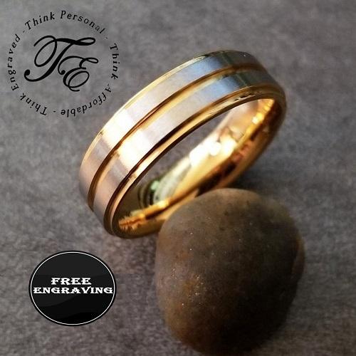 ThinkEngraved wedding Band Personalized Engraved Men's silver and Gold Wedding Ring - Gold Wedding Ring For Guy's