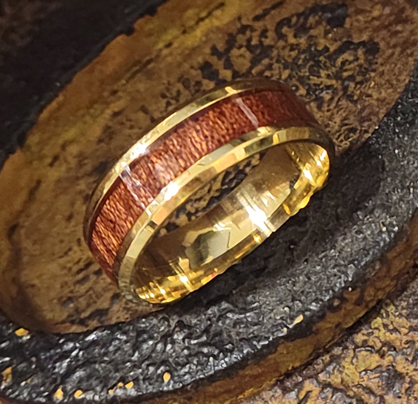 ThinkEngraved wedding Band Personalized Men's Gold Wedding Ring Hardwood Wood Inlay