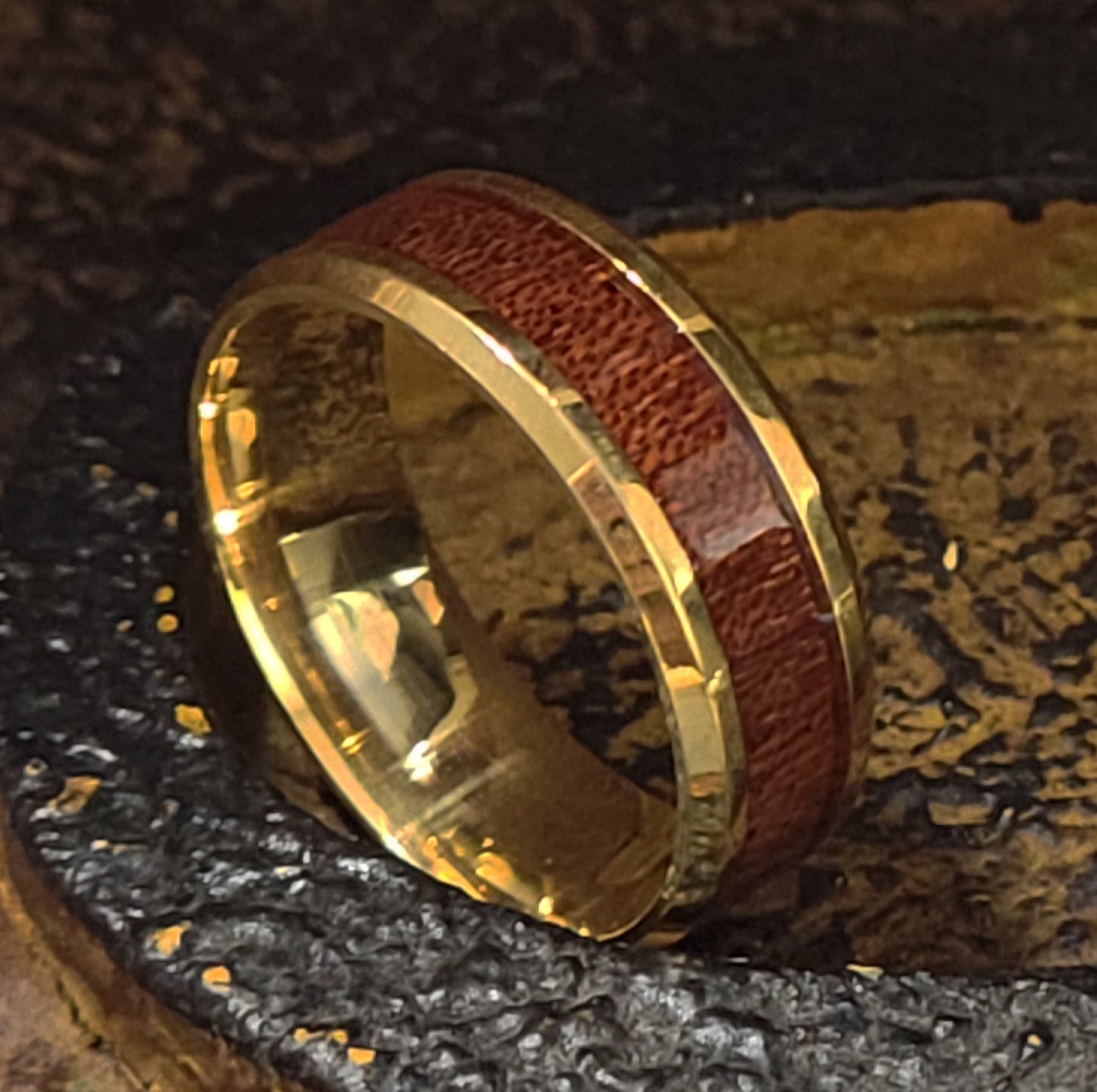 ThinkEngraved wedding Band Personalized Men's Gold Wedding Ring Hardwood Wood Inlay
