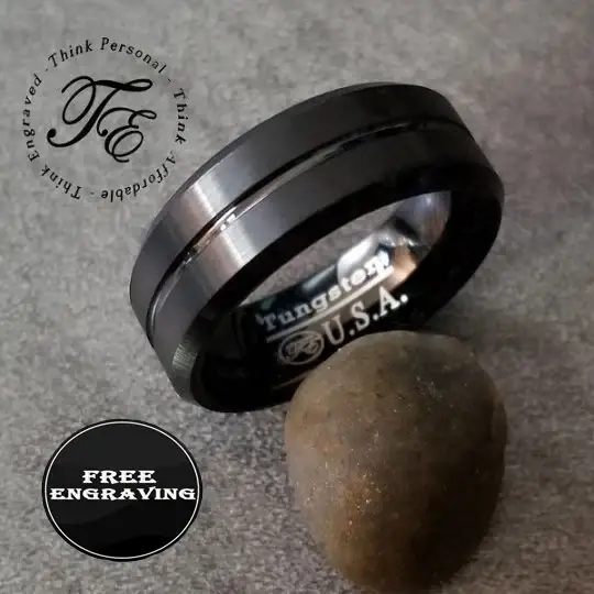 ThinkEngraved wedding Band Personalized Men's Matte Black Grooved Tungsten Wedding Ring - Handwriting Ring