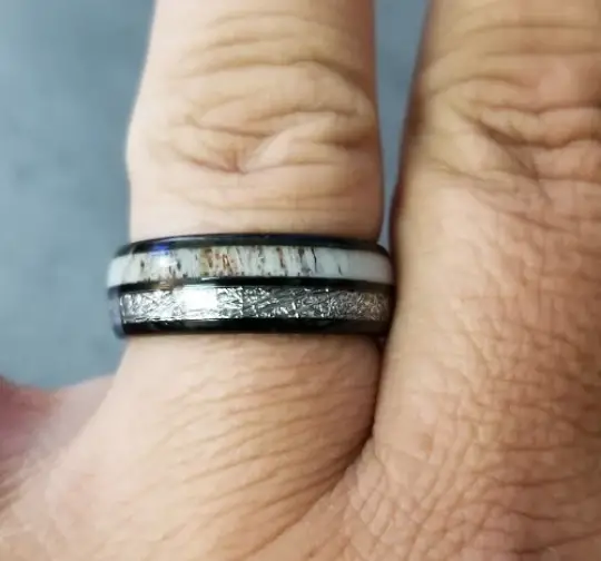 ThinkEngraved wedding Band Personalized Men's Meteor and Antler Black Tungsten Wedding Ring - Handwriting Ring