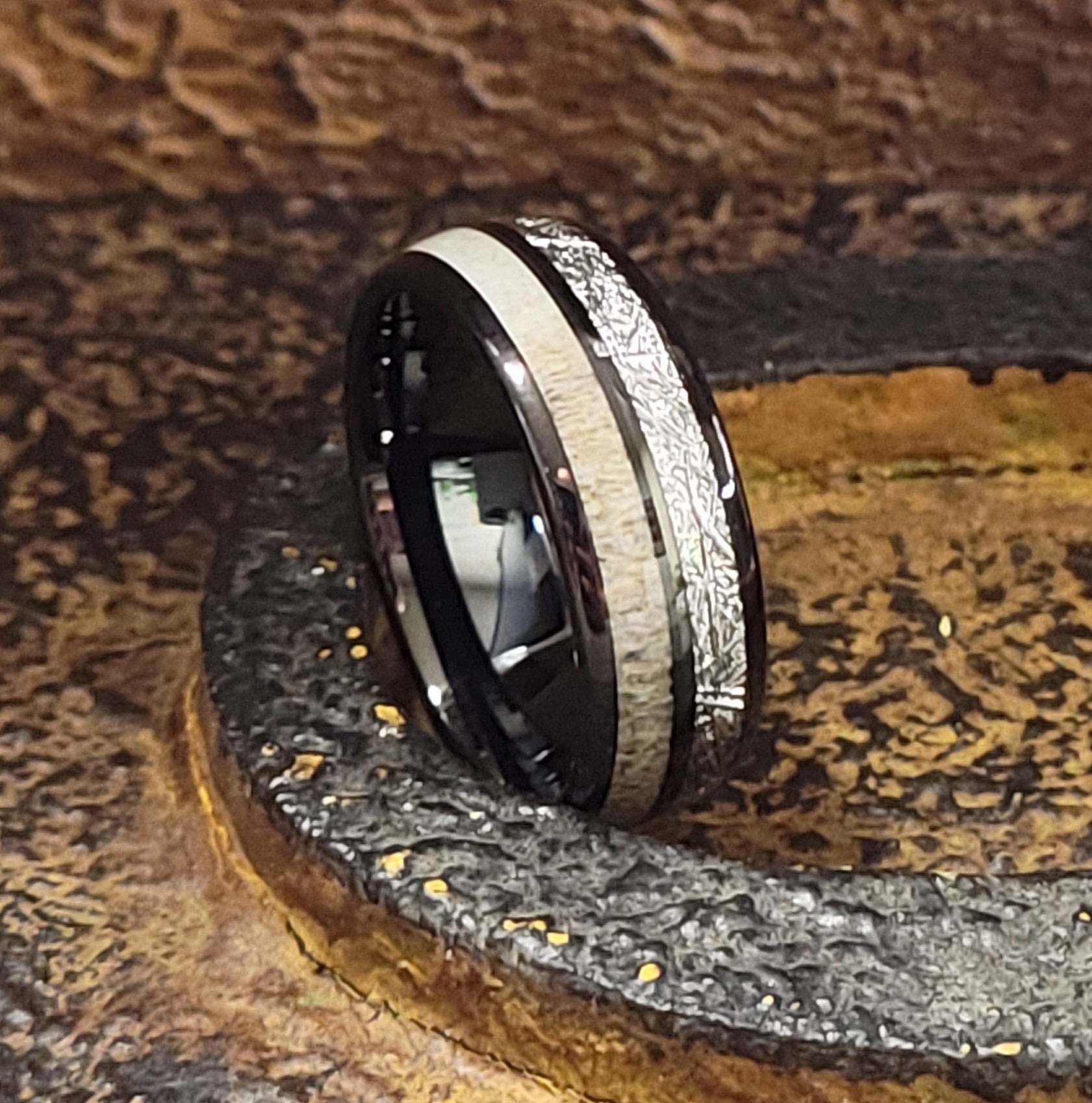 ThinkEngraved wedding Band Personalized Men's Meteor and Antler Black Tungsten Wedding Ring - Handwriting Ring