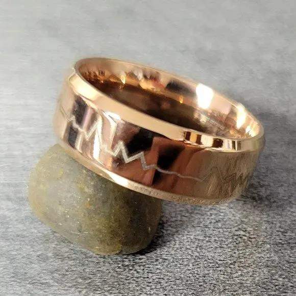 ThinkEngraved wedding Band Personalized Men's Rose Gold Heart Beat Wedding Ring - Handwriting Ring