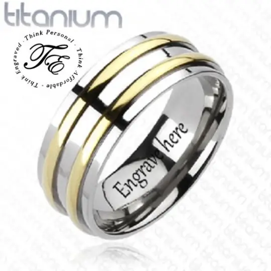 ThinkEngraved wedding Band Personalized Men's Titanium Wedding Band - Gold Filled Double Grooved
