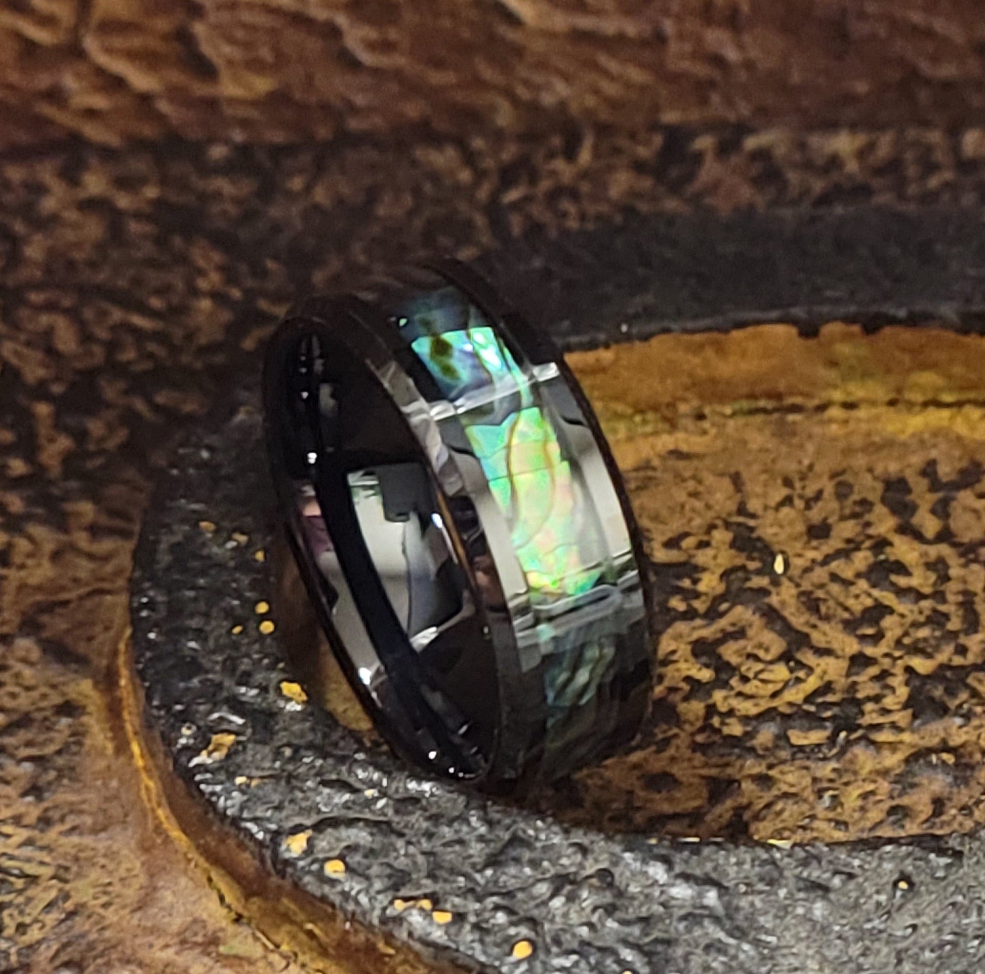 ThinkEngraved wedding Band Personalized Men's Tungsten Abalone Wedding Ring - Engraved Handwriting Ring