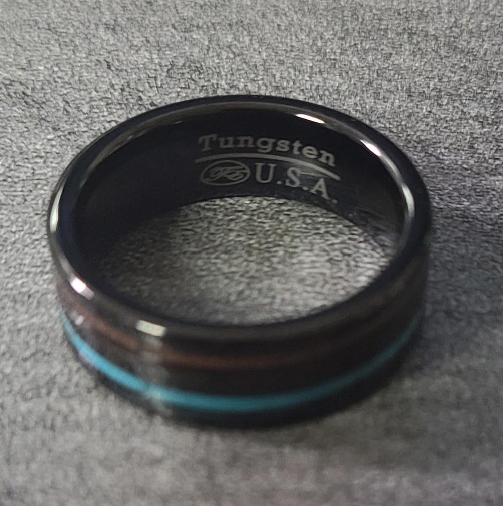 ThinkEngraved wedding Band Personalized Men's Tungsten Wedding Band With Turquoise and Wood Inlays