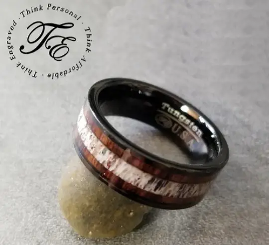 ThinkEngraved wedding Band Personalized Men's Tungsten Wedding Band - Wood and Antler Inlay
