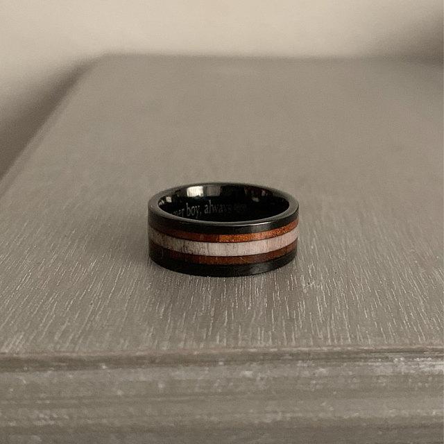 ThinkEngraved wedding Band Personalized Men's Tungsten Wedding Band - Wood and Antler Inlay
