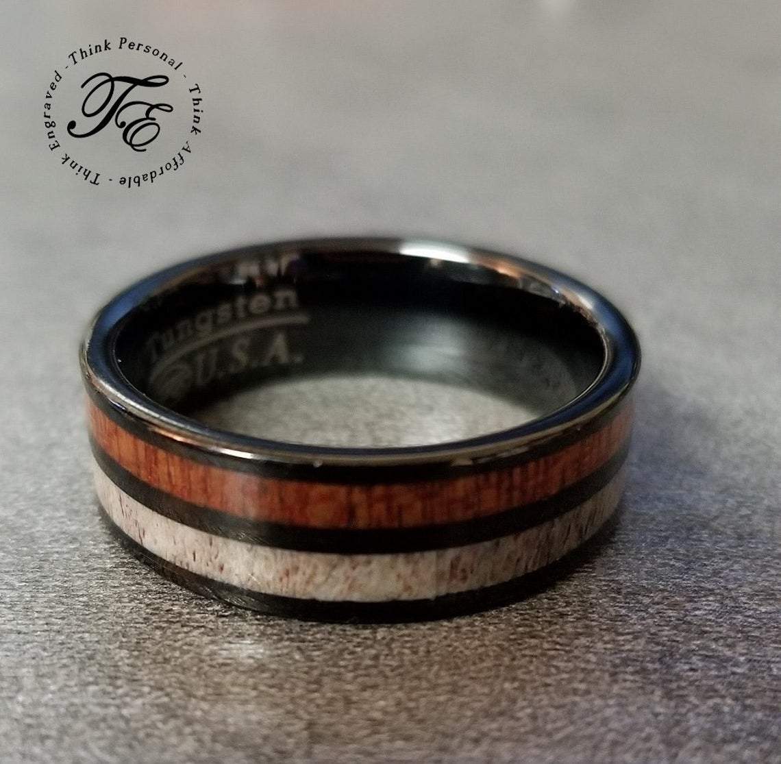 ThinkEngraved wedding Band Personalized Men's Tungsten Wedding Band - Wood and Deer Antler Inlays
