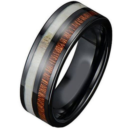 ThinkEngraved wedding Band Personalized Men's Tungsten Wedding Band - Wood and Deer Antler Inlays