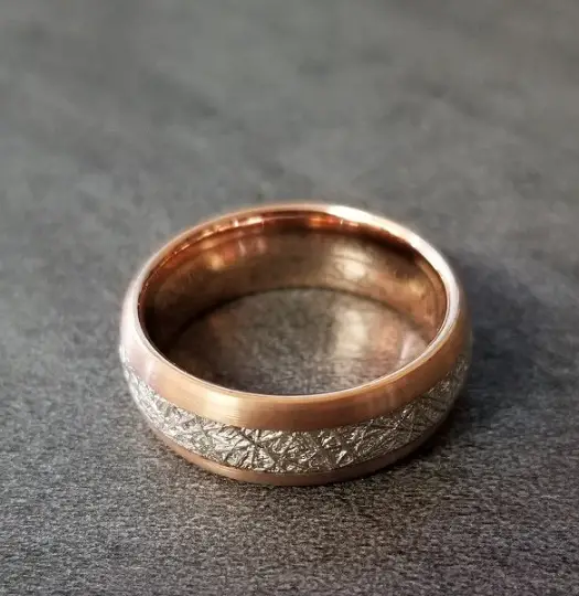 ThinkEngraved wedding Band Personalized Men's Tungsten Wedding Ring - Meteorite Inlay 14k Rose Gold Ip