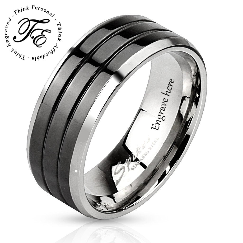 ThinkEngraved wedding Band Personalized Men's Wedding Band - Double Grooved Stainless Steel