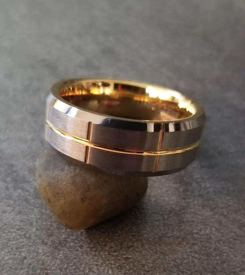 ThinkEngraved wedding Band Personalized Men's Wedding Band - Grooved 14k Gold Over Real Tungsten