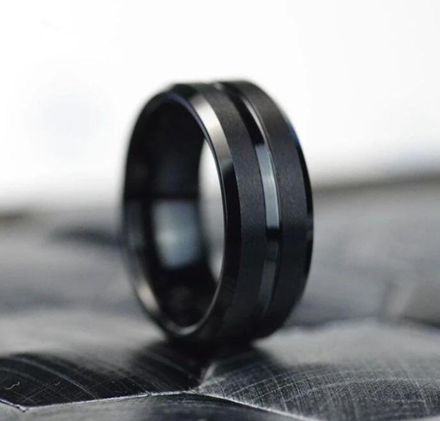 ThinkEngraved wedding Band Personalized Men's Wedding Band - Matte Black Grooved Stainless Steel
