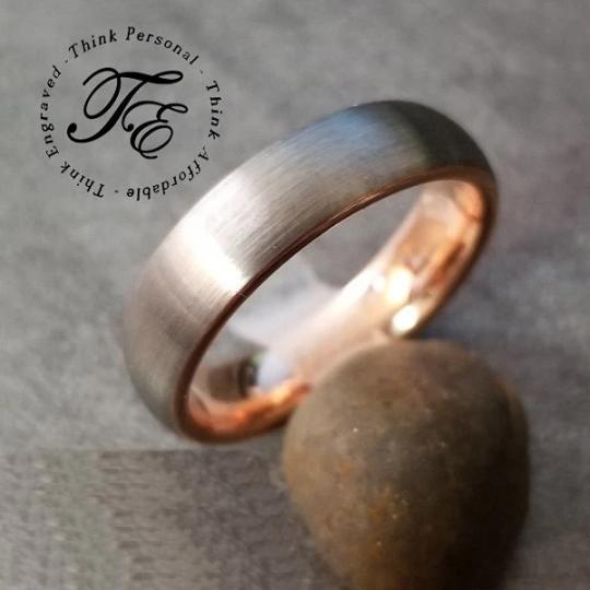 ThinkEngraved wedding Band Personalized Men's Wedding Band - Rose Gold and Brushed Steel Real Tungsten