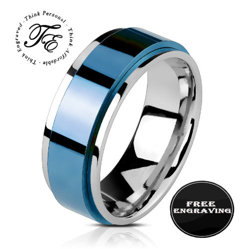 ThinkEngraved wedding Band Personalized Men's Wedding Band - Silver and Blue Fidget Spinner Ring