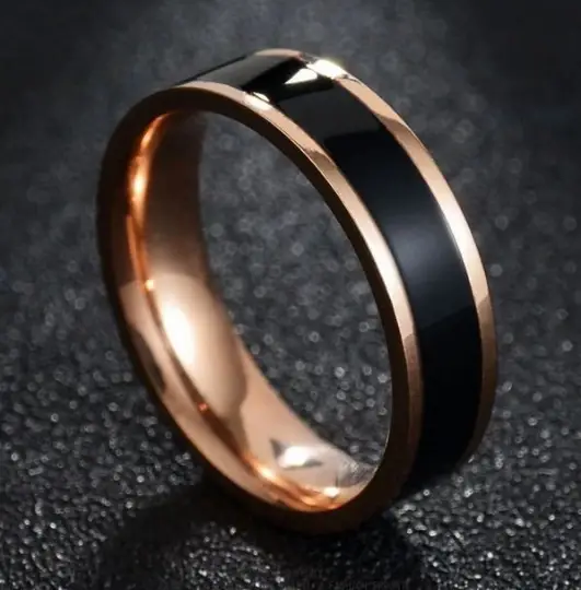 ThinkEngraved wedding Band Personalized Men's Wedding Band With Rose Gold ip and Ceramic Inlay