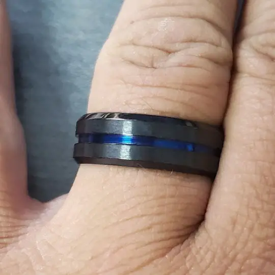 ThinkEngraved wedding Band Personalized Men's Wedding Ring Band - Black and Blue Line Groove
