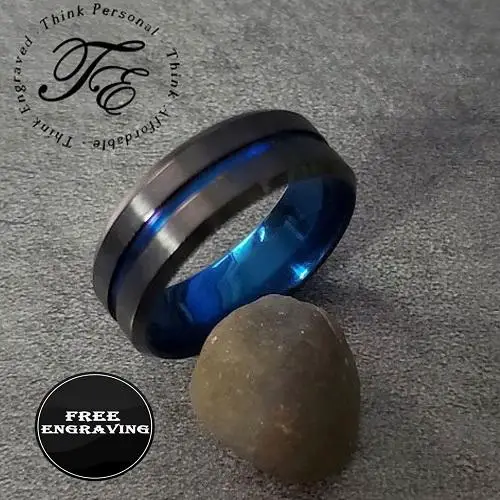 ThinkEngraved wedding Band Personalized Men's Wedding Ring Band - Black and Blue Line Groove