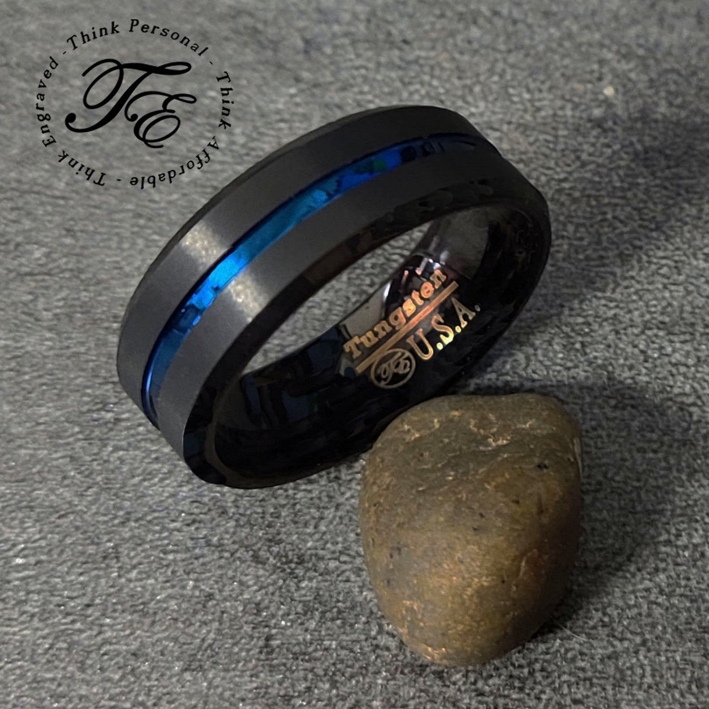 ThinkEngraved wedding Band Personalized Men's Wedding Ring Band Grooved Thin Blue Line