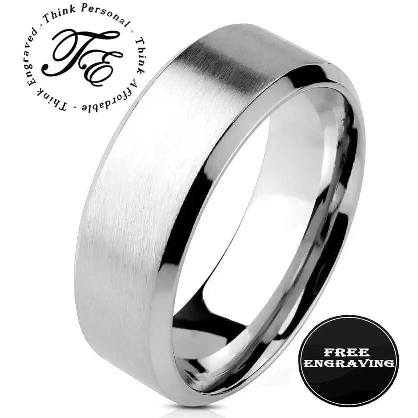 ThinkEngraved wedding Band Personalized Women's Silver Wedding Band - Beveled Brushed Stainless Steel