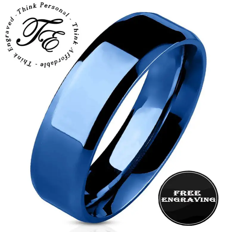 ThinkEngraved wedding Band Personalized Women's Wedding Band - Blue Beveled Stainless Steel