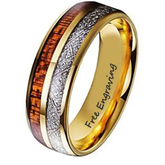 ThinkEngraved wedding Ring 8 Personalized Men's Gold Tungsten Wedding Ring Wood and Meteor