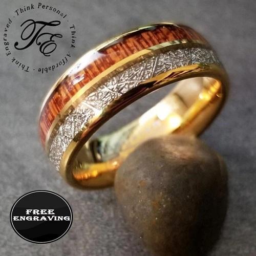 ThinkEngraved wedding Ring 9 Personalized Men's Gold Tungsten Wedding Ring Wood and Meteor