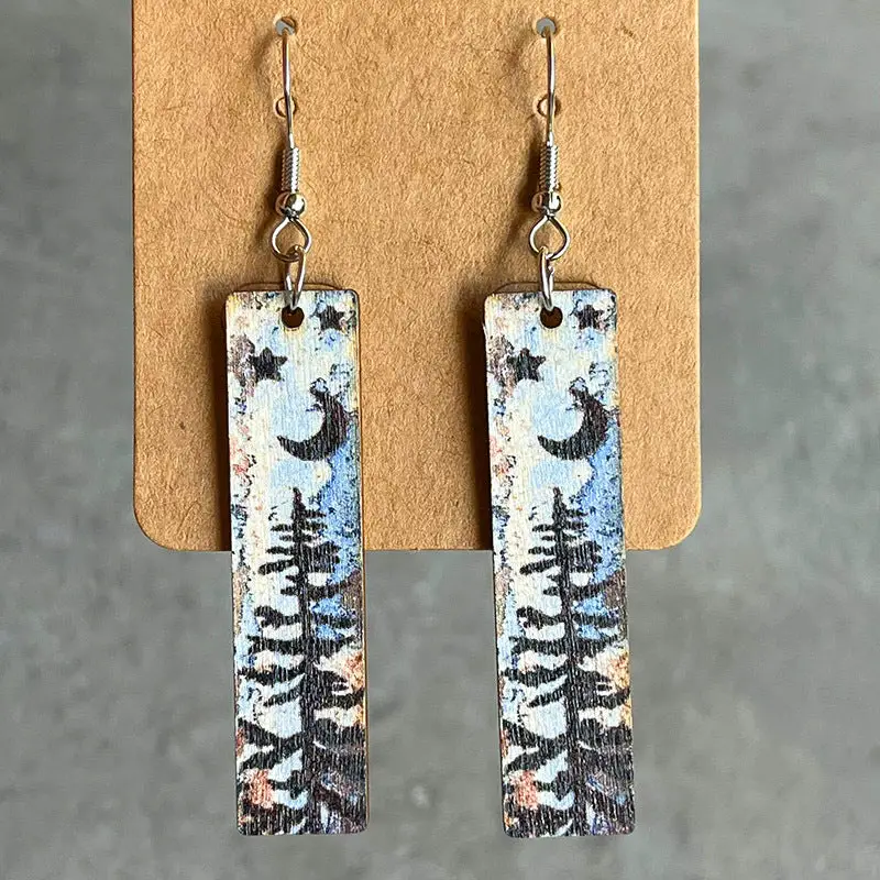 Trendsi Style C / One Size Star and Moon Hand-Painted Wood Earrings