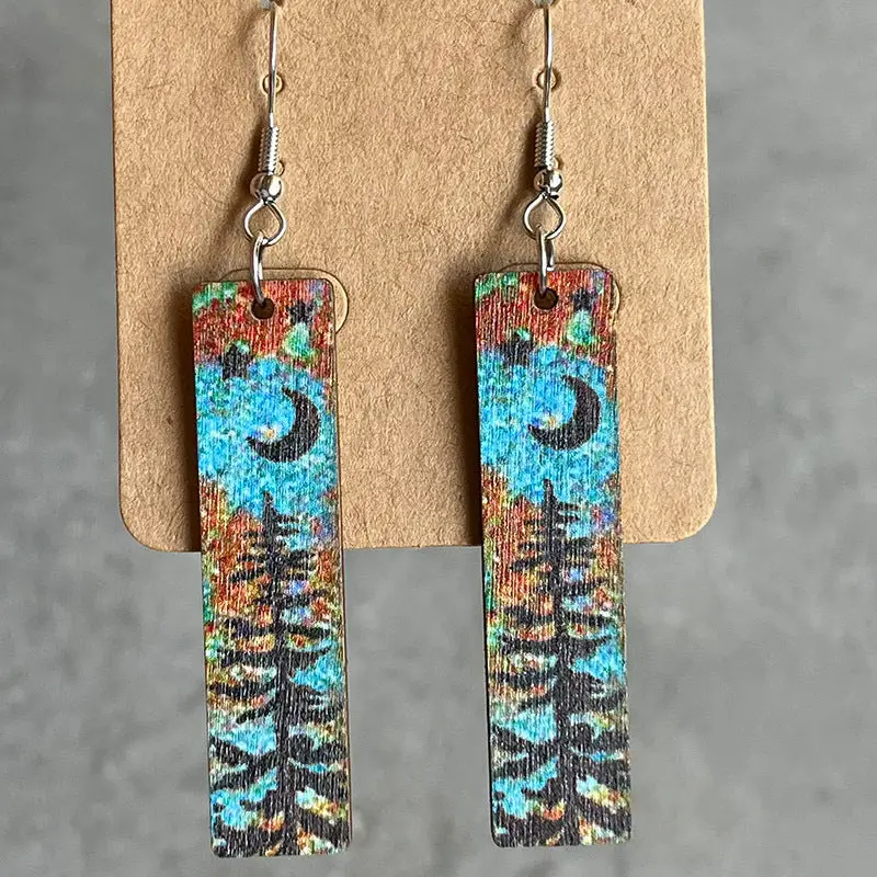 Trendsi Style D / One Size Star and Moon Hand-Painted Wood Earrings